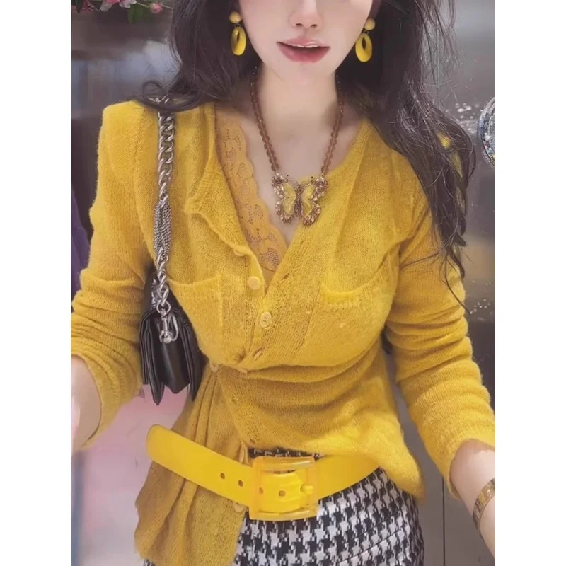 Slim Fit Uneven Hem Knitwear Women's Open Cardigan Top Waist Cinched Long Sve round Ne Button Detail Regular Thin