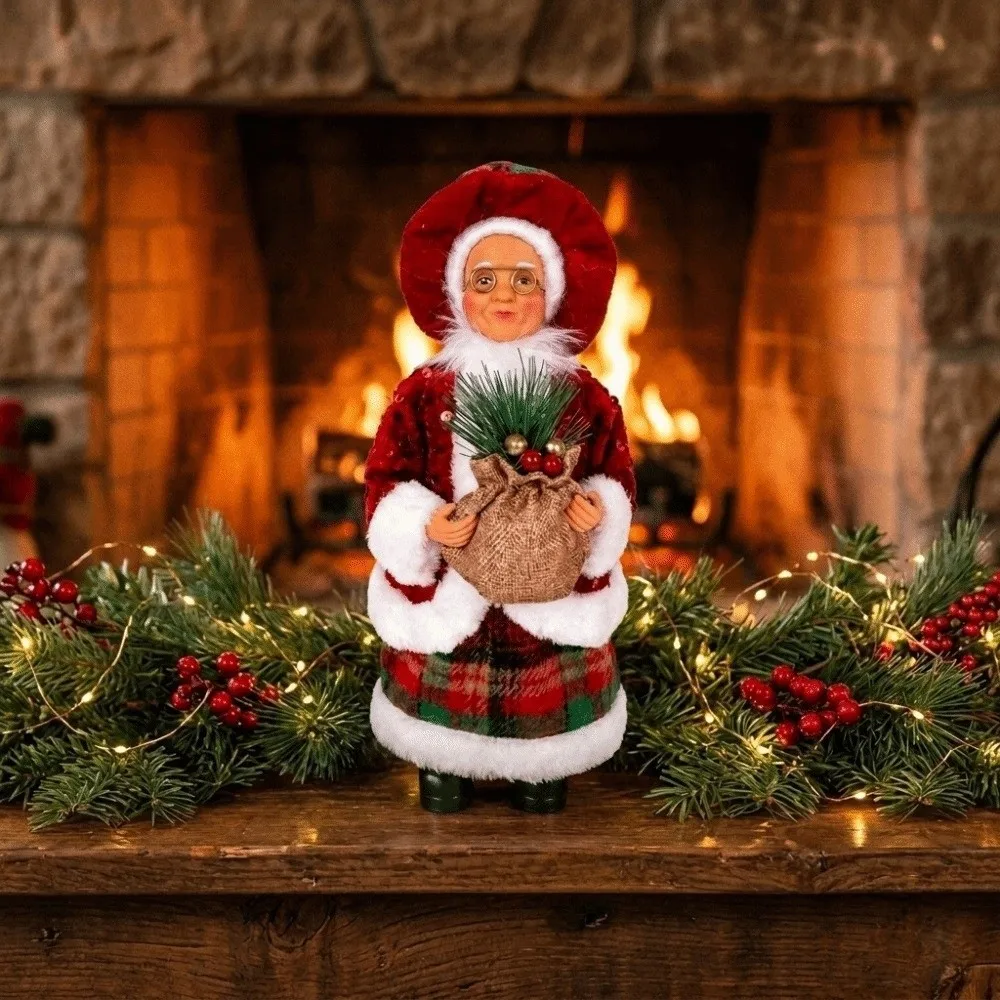Vintage Standing & Sitting Mrs. Claus Christmas Statue Red Plaid Sequin Felt Xmas Figurine Pine Berry Faux Wool Ornament Home