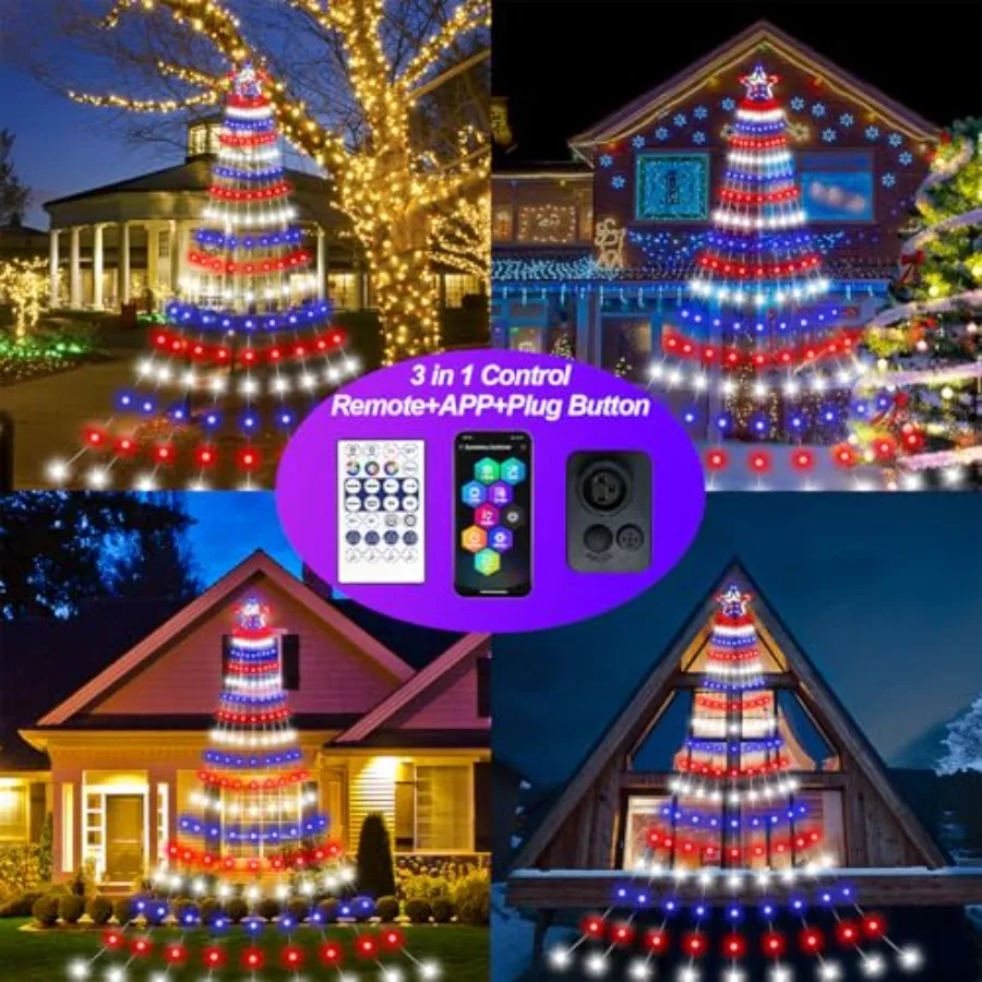Smart 4th of July Decorations Lights, 18Feet LED Large DIY Red White Blue Waterfall Tree Lights with Remote Timer Light Music S - view 3