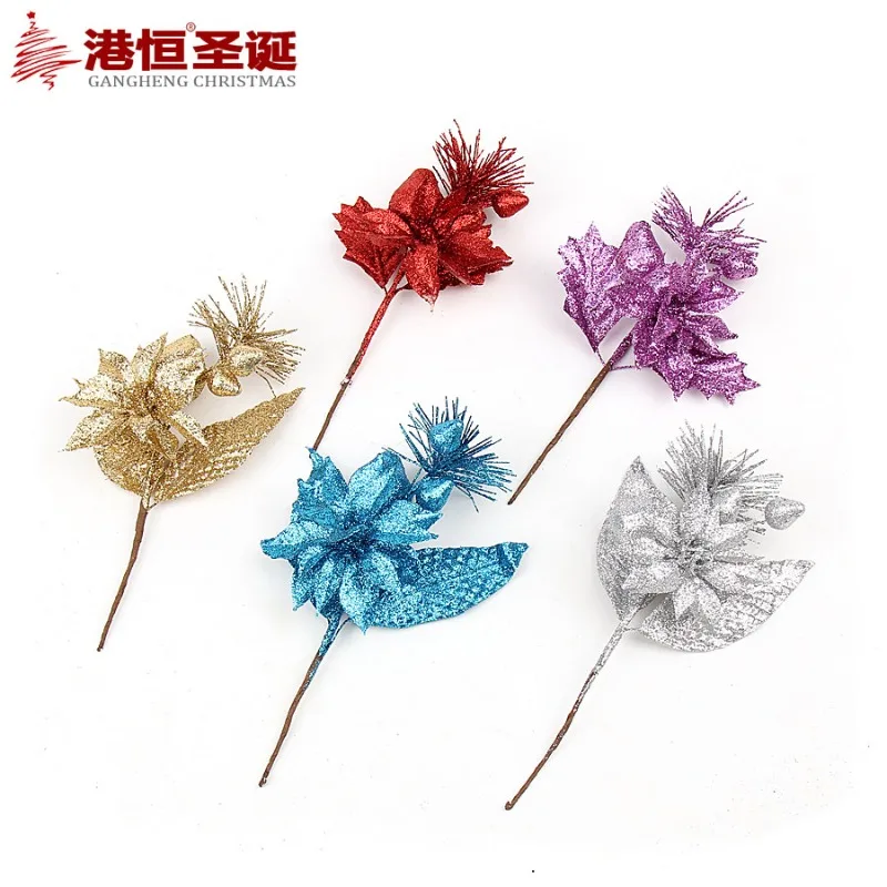 10-piece Set of Artificial Christmas Cuttings, Christmas Tree Wreath Ornaments Cuttings, 20cm Gold Pink Flower Spike Decoration