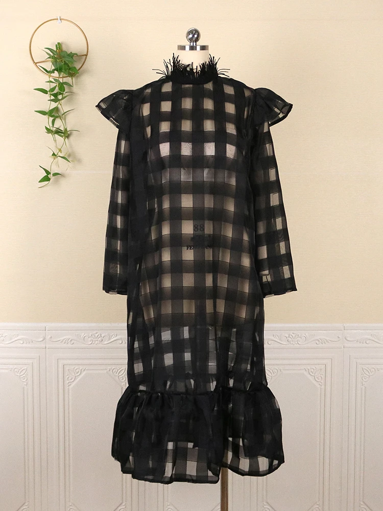 Plus Size Black Long Dress Plaid See Though Long Sleeve Midi Dresses Summer Autumn High Street Evening Party Club Outfits 2023