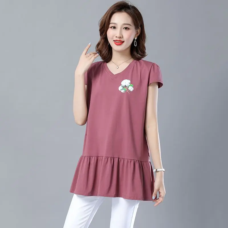 Women's Clothing 2023 Summer Pullovers Patchwork Short Sleeve Solid V-neck Loose Long New Fashion Casual New Pleated T-Shirts