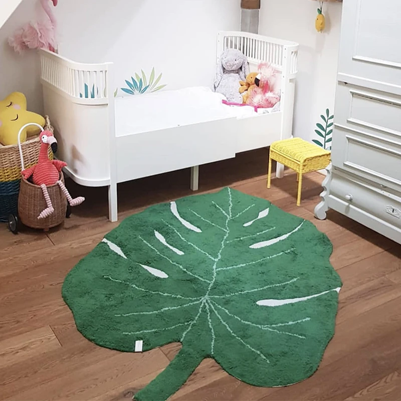 Nordic Green Leaf Cotton Rug Kids Room Floor Mat Soft Baby Playmat Carpet Children Bedroom Pad Home Nursery Decor 150x110cm