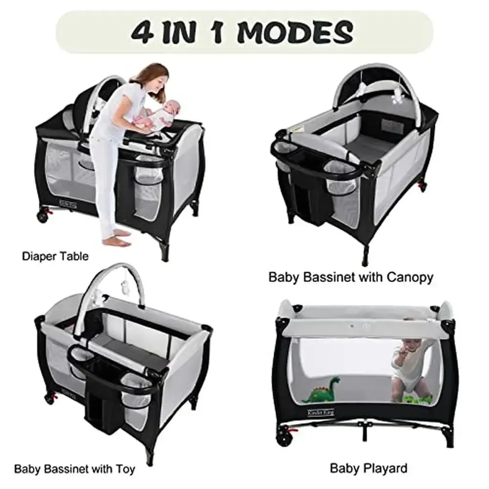 4 in 1 Portable Baby Nursery Center Playard w/Bassinet Large Playpen Infant & Toddler Changing Table Organizer Travel Design