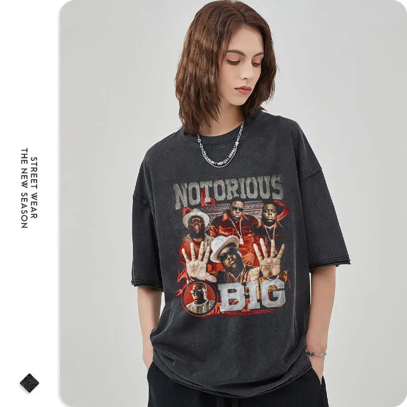 Big Poppa T Shirt Hip Hop Rapper The Notorious Big Vintage Washed Tops Tees Oversized T-shirt Old School Style Short Sleeve Men