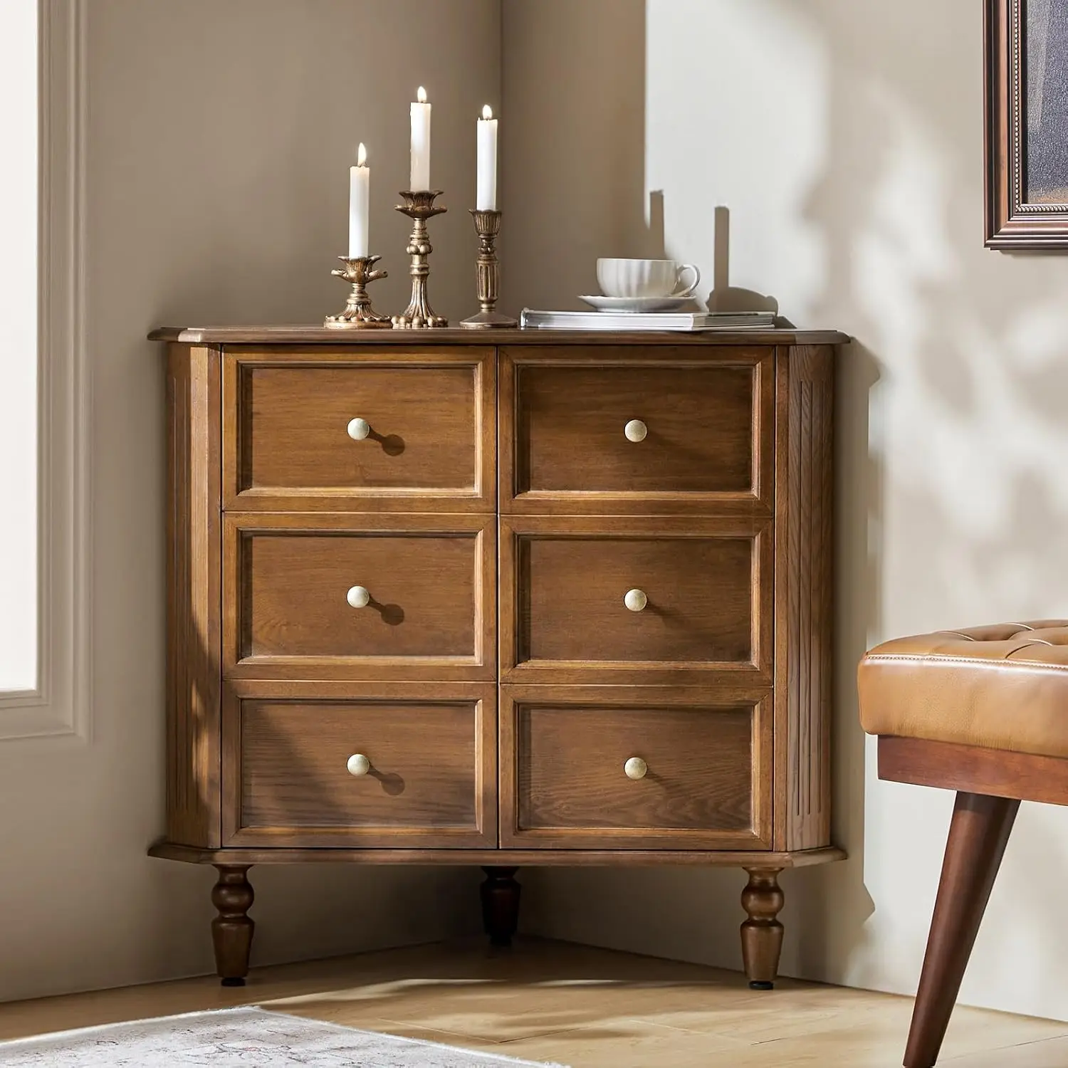 Vintage Walnut Corner Cabinet 2 Door Triangle Storage with Faux Drawers for Living Room Bathroom Entryway, Customized