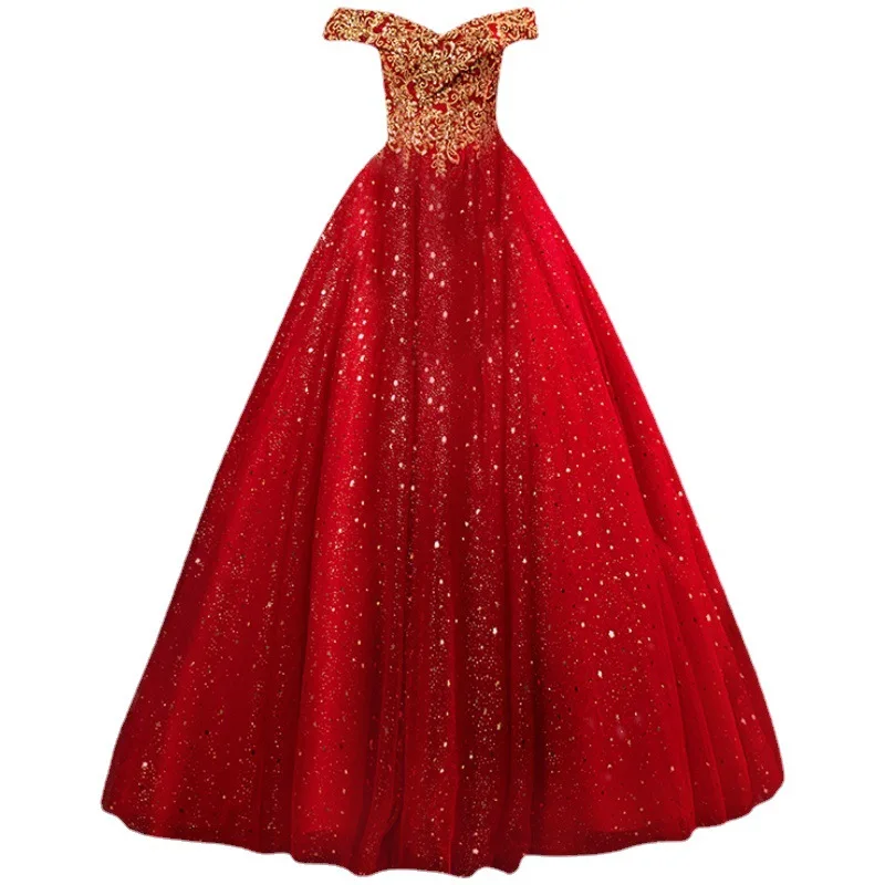 Fashion Evening Dresses New Classic Red Bride Wedding Prom Gown Gold Floral Sequined Sleeveless Shinning Robe Mariee Customized