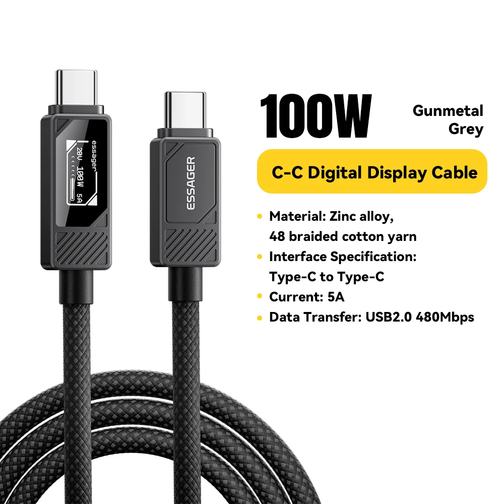 ESSAGER 100 W Typ-C-Kabel mit Digitalanzeige PD-Schnellladekabel für MacBook Pro/Air iPhone 16/15/14 iPad USB-C-Kabel