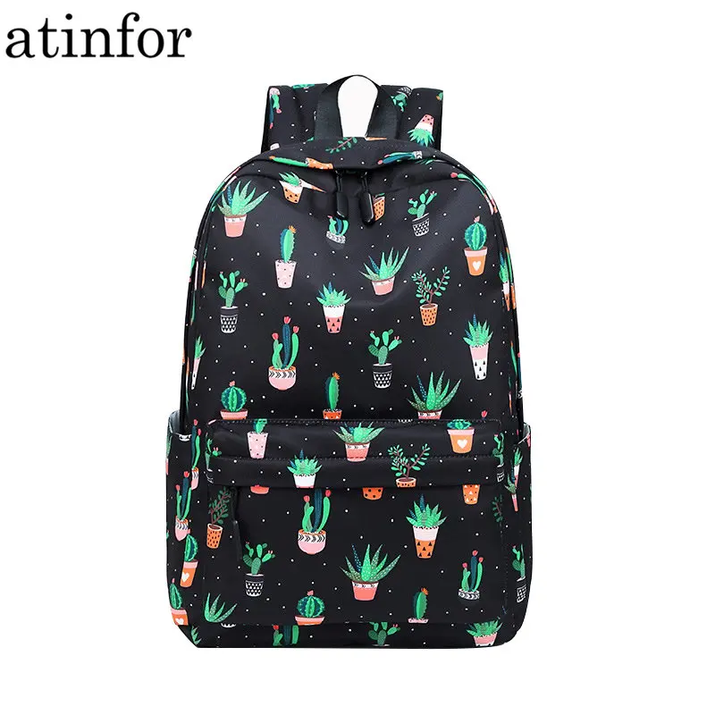 atinfor Brand Waterproof Nylon Lightweight Cactus Printing Backpack Women 16.5 inch Middle School Student Book Bag