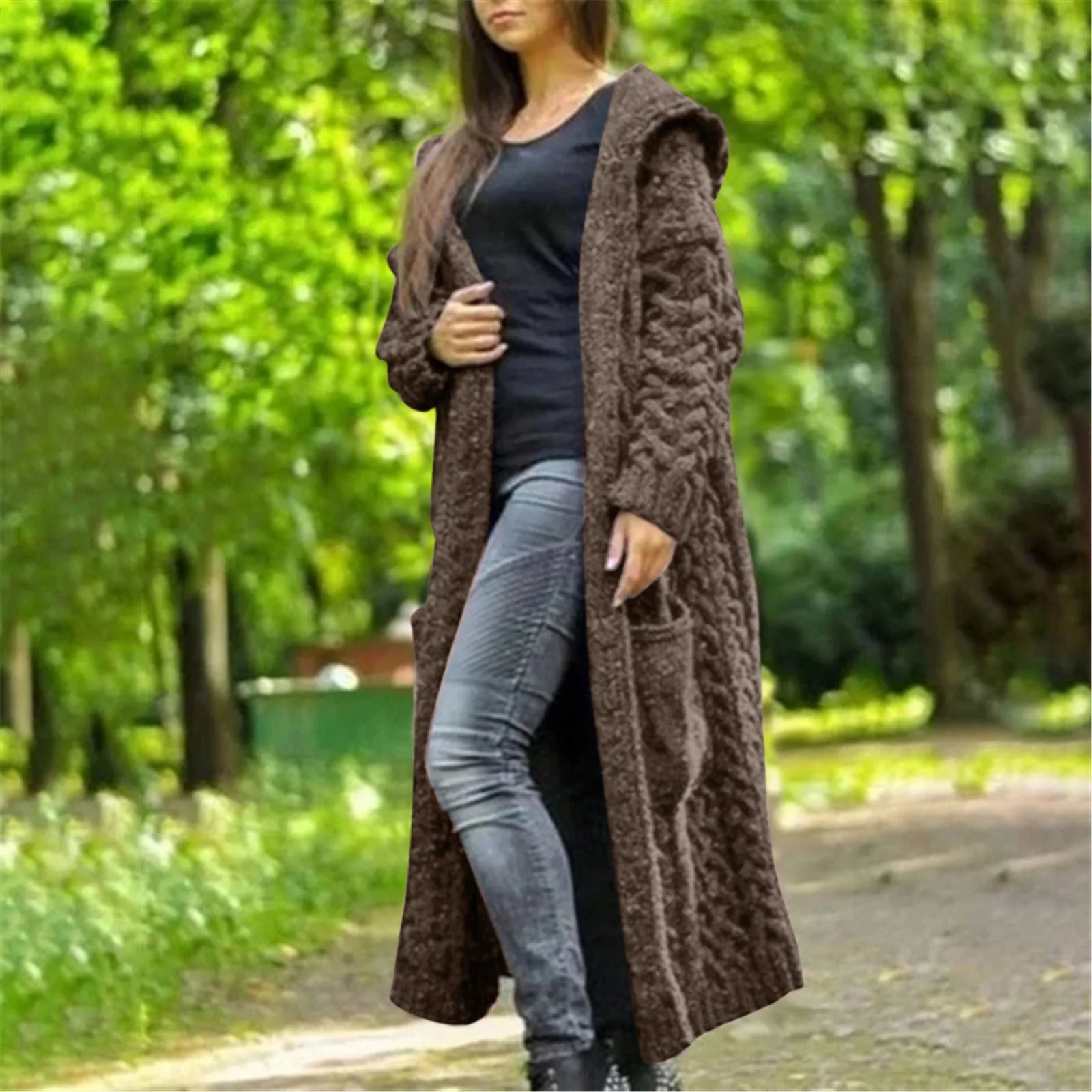Women\'s Simple Comfortable Solid Colour Knitted Coat Casual Loose Long Twist Hooded Cardigan Autumn Warm Pocket Sweater Cardigan