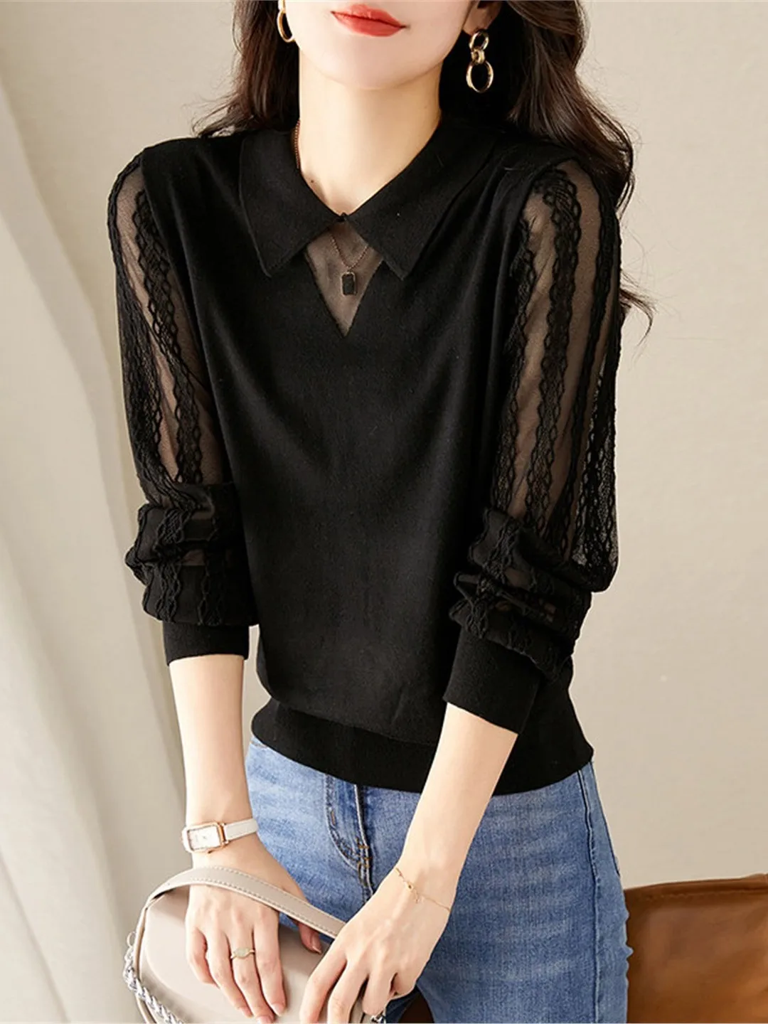 

Oule Doll Collar Long Sleeve Knitted Top Women's Short Style Spring New Hollow out Thin Shirt Ladylike Straight Tube Knitwear