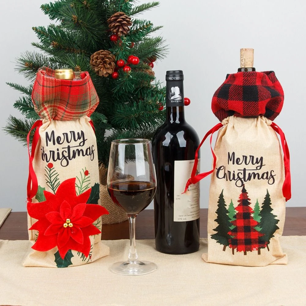 Christmas Bottle Bag Drawstring Wine Bottle Set Flower Tree Wine Bottle Bag Packing Reusable Christmas Bottle Cover Party Favors