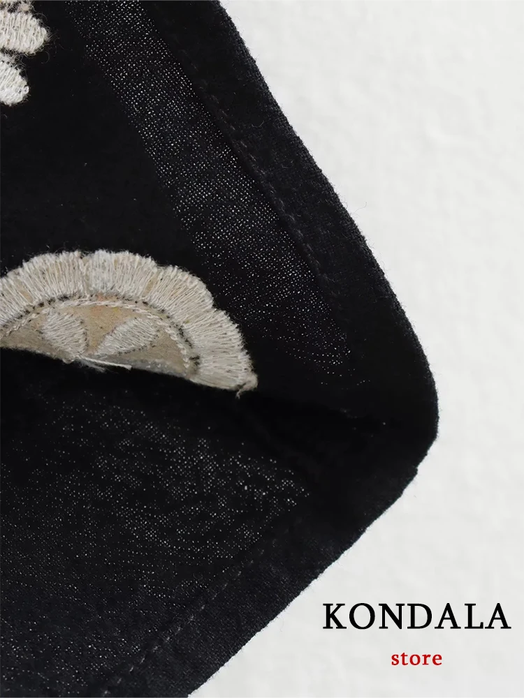 KONDALA Vintage Black Embroidery 100% Cotton Shirts Women Long Sleeve V Neck Oversized Shirts Female Fashion 2023 Summer Tops