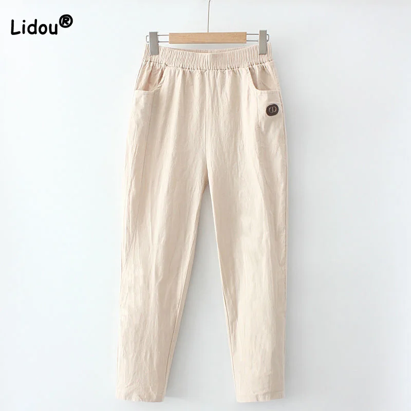 

Spring Summer Women Elastic Higt Waist Solid Color Appliques Trousers 100%Pure Cotton Pockets Casual Nine Points Harem Pants 4XL