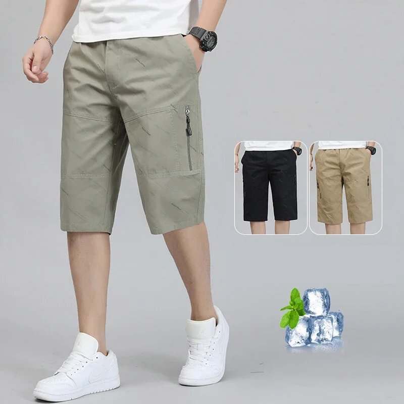 

Men Casual Shorts Cropped Cotton Shorts Big Size with Zipper Pockets Athletic Gym Running Shorts