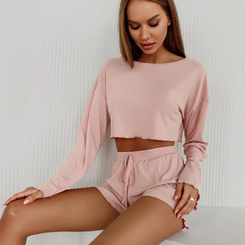 Amerikanischer Stil, weiches und atmungsaktives, geripptes Langarm-Oberteil und Shorts-Set für Frauen und Teenager-Mädchen – Pyjamas und Loungewear
