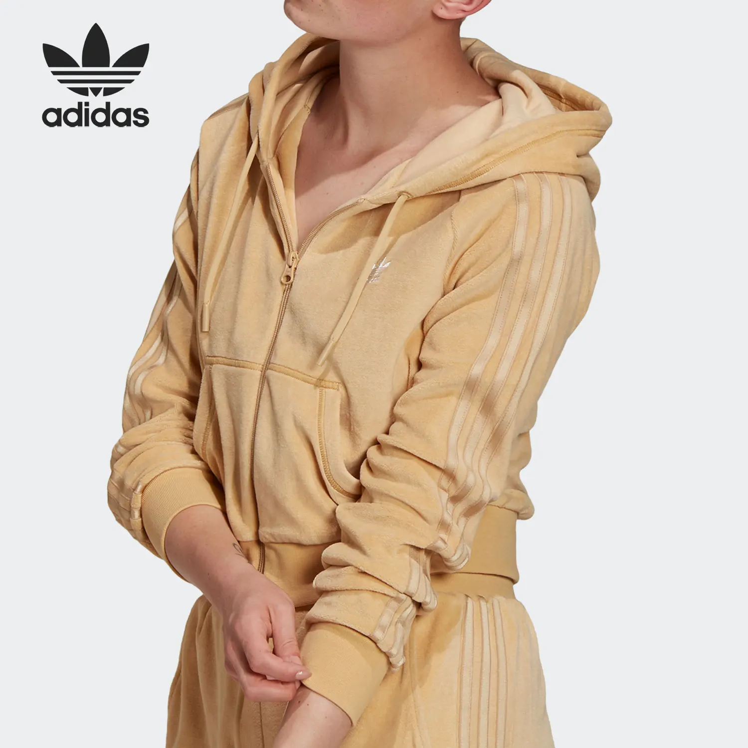 Adidas genuine clover women's velvet retro sports hooded jacket H18826