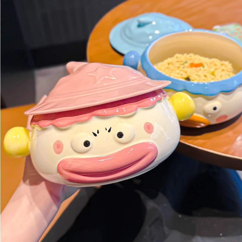 Joker instant noodle bowl,ceramic dormitory, student with lid and handle,cute and creative,wide mouth large convenient soup bowl