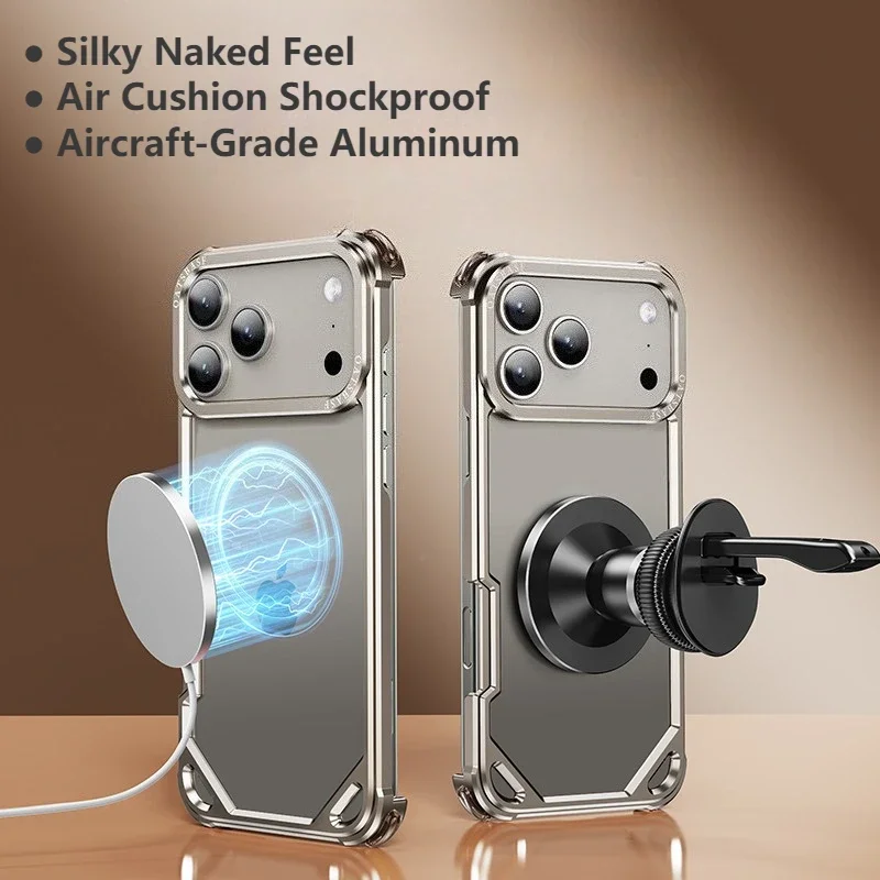 

Металлический безрамный чехол Oatsbasf для iPhone 17, Air/17 16, 15 Pro/Pro Max, ультратонкий противоударный чехол Magsafe на воздушной подушке