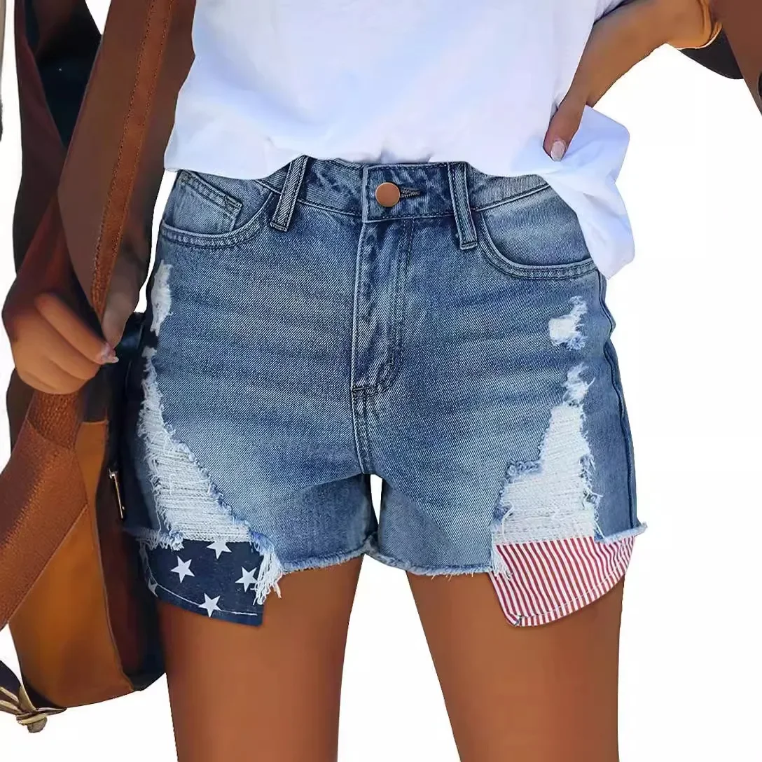 Shorts Denim Washed Women Jean Ripped Print High Waist Hole Spliced Slim Fit Distressed Jeans 2025 Casual Pockets Summer - Image 4