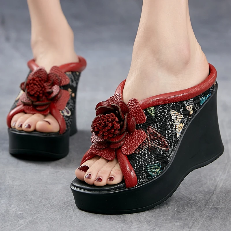 

GKTINOO Ethnic Style Women Slippers Summer Embroider Flowers Wedges Open Toe Slippers Outside Genuine Leather Platform Slides