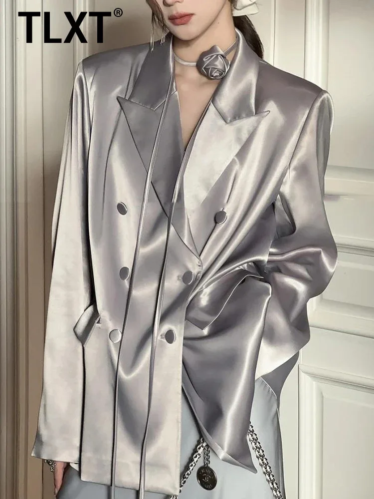 

TLXT French Retro Satin Suit Jacket Women's Notched Three Dimensional Flower Designer Temperament Coat summer 2025 new XK1291
