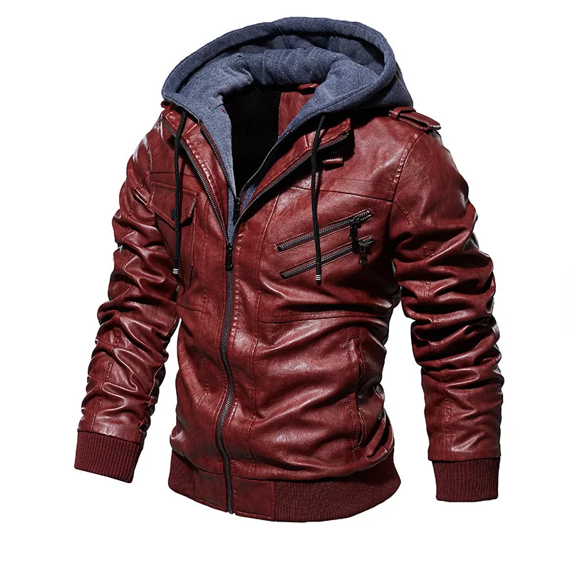 American Autumn and Winter Men\'s Leather Jacket Top Men\'s Warm Hooded Jacket, Men\'s Casual Trendy Jacket