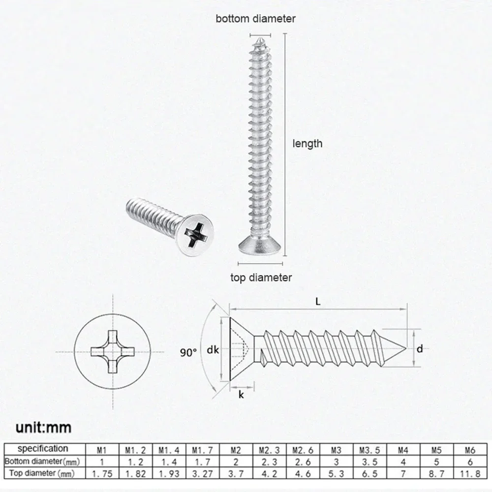 20-55pcs 304 Stainless Steel Phillips Screw M3 M3.5 M4 M5 M6 Cross Recessed Countersunk Flat Head Self-tapping Furniture Screw