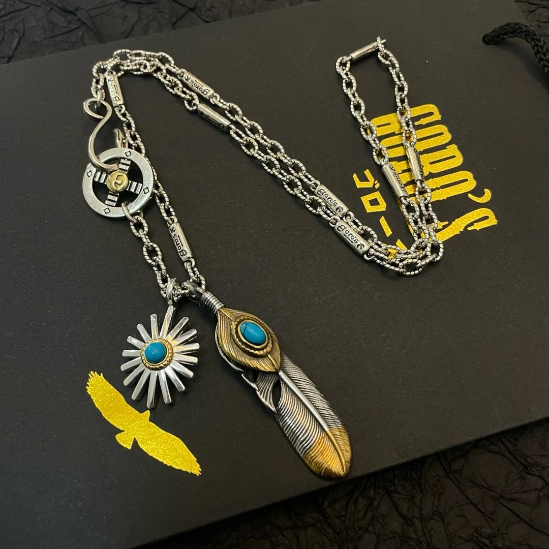 

Japan Tide Takahashi Goros Vintage Double Turquoise Feather Pendant Classic Letter Bamboo Necklace Couple Versatile Punk Style