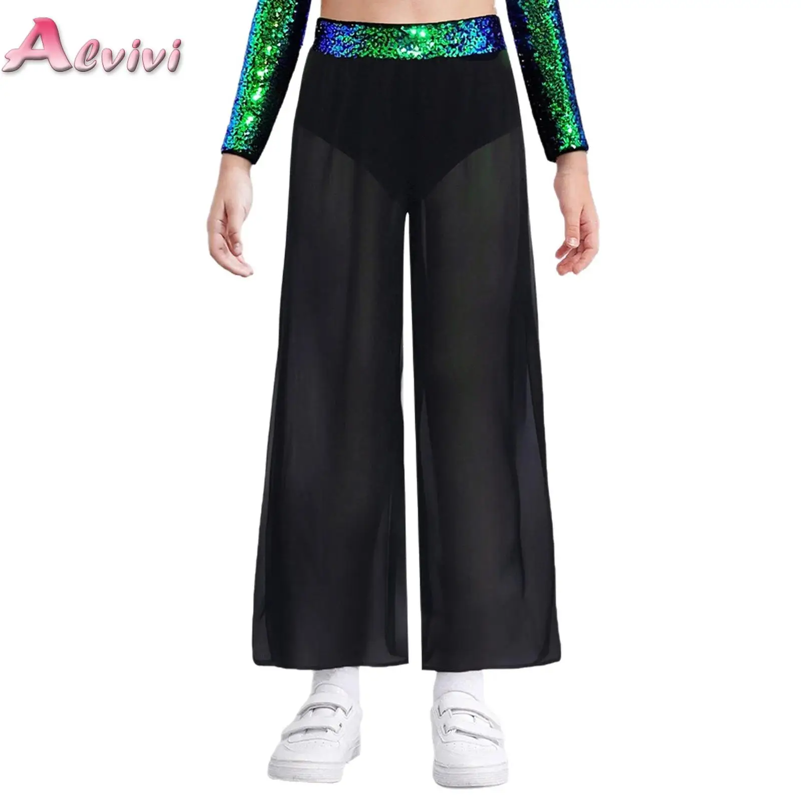 

Kids Girls Lyrical Classical Dance Pants Sequin Waistband Flowing Chiffon Overlay Wide-Leg Side Slit Pants for Stage Performance
