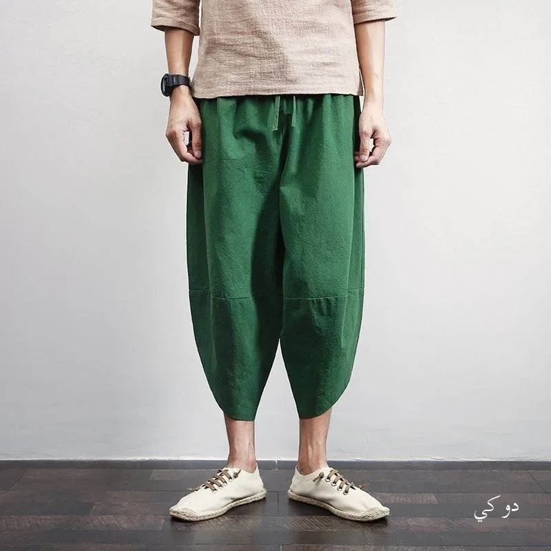 

Свободные широкие мужские пляжные брюки из хлопка и льна на семь футов, повседневные брюки прямого кроя с высокой талией, весенний тренд Faion