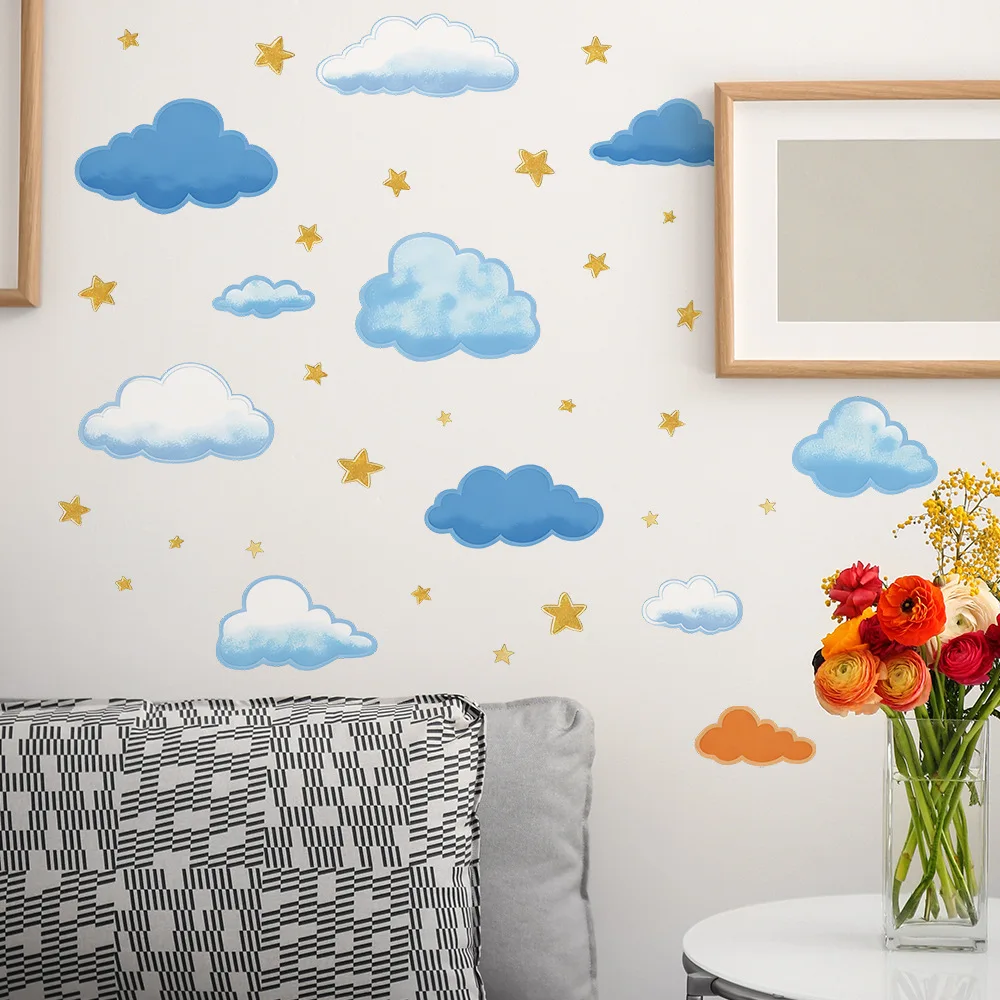 One Cartoon Cloud Sticker Under The Starry Sky, Suitable for Home Wall Decoration. Self-adhesive and Removable.