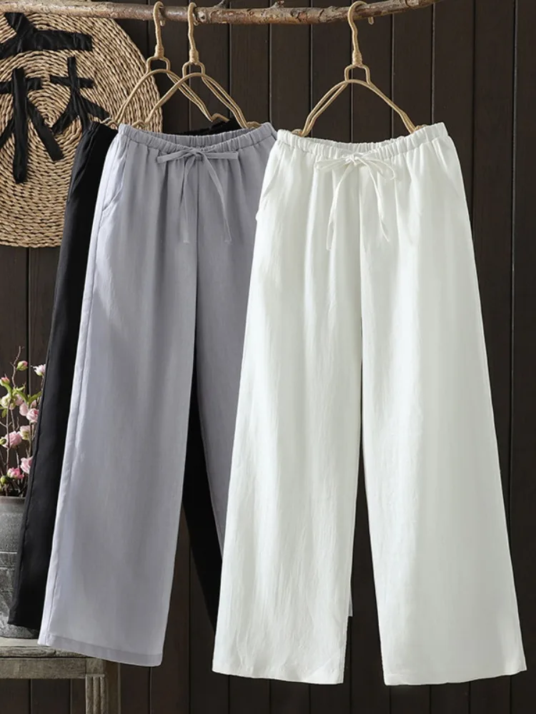 Artistic High-End Cotton Linen Wide Leg Pants Women Summer Thin Soft Drape Casual Pants Slimming Linen Wide Leg Trousers