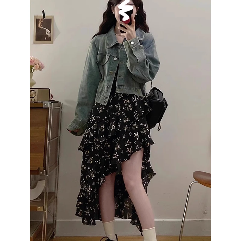 Primavera Estate Nuovo sciolto ort Denim Jaet con cinturino asimmetrico floreale Ele Dr Set da due pezzi Pendolarismo Sle Midi Dr