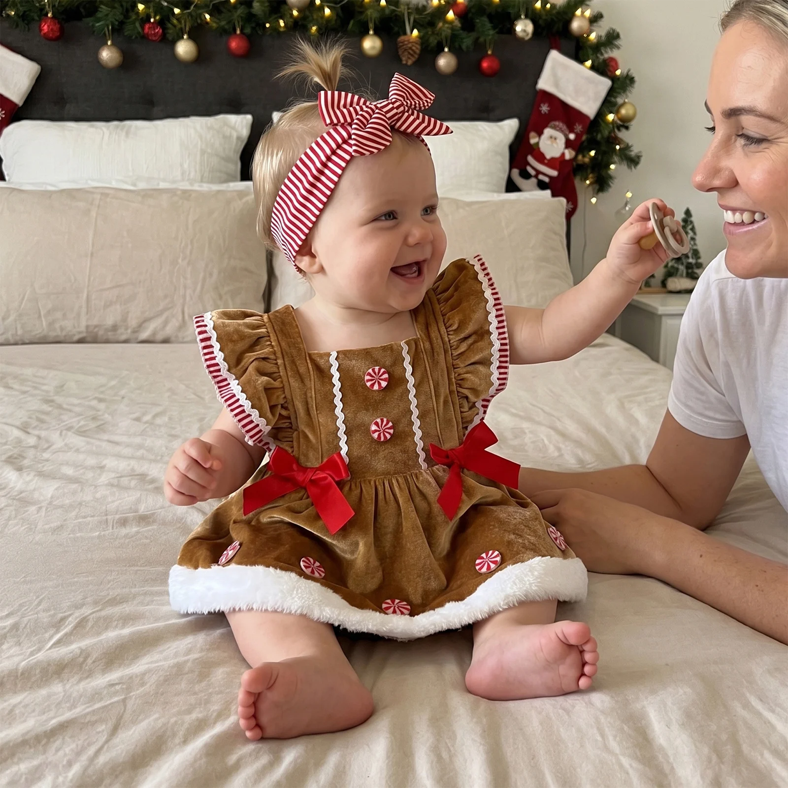 Baby Girl Christmas Outfit, Gingerbread Man Fly Sleeve Furry Romper Overalls with Hairband for Casual Daily