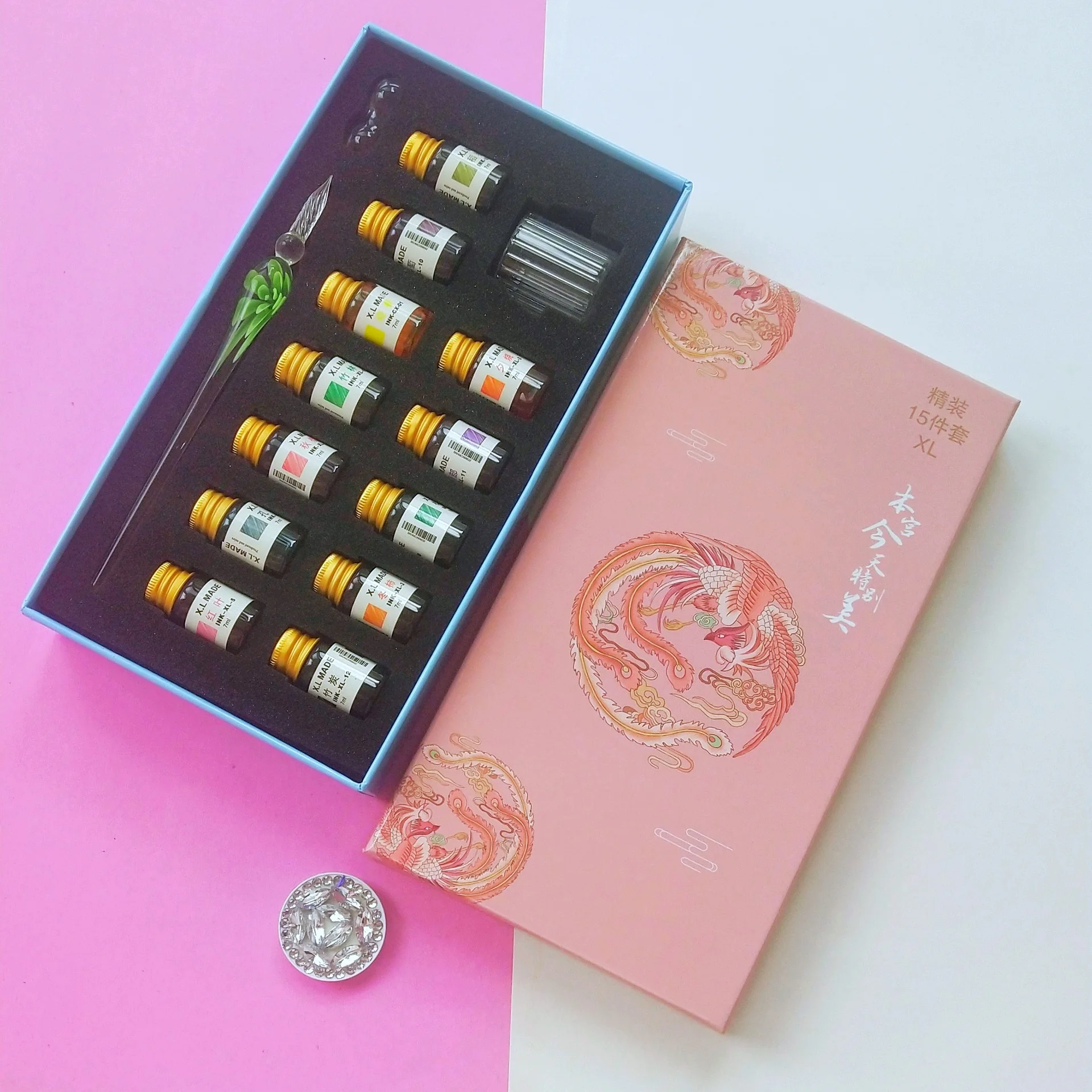 قلم زجاجي كريستالي، قلم غمس، صندوق هدايا، مجموعة أقلام توقيع حبر ملونة مسحوق ذهبي، قلم رسم، قلم ألوان تجريبية، هدية، زجاج PE