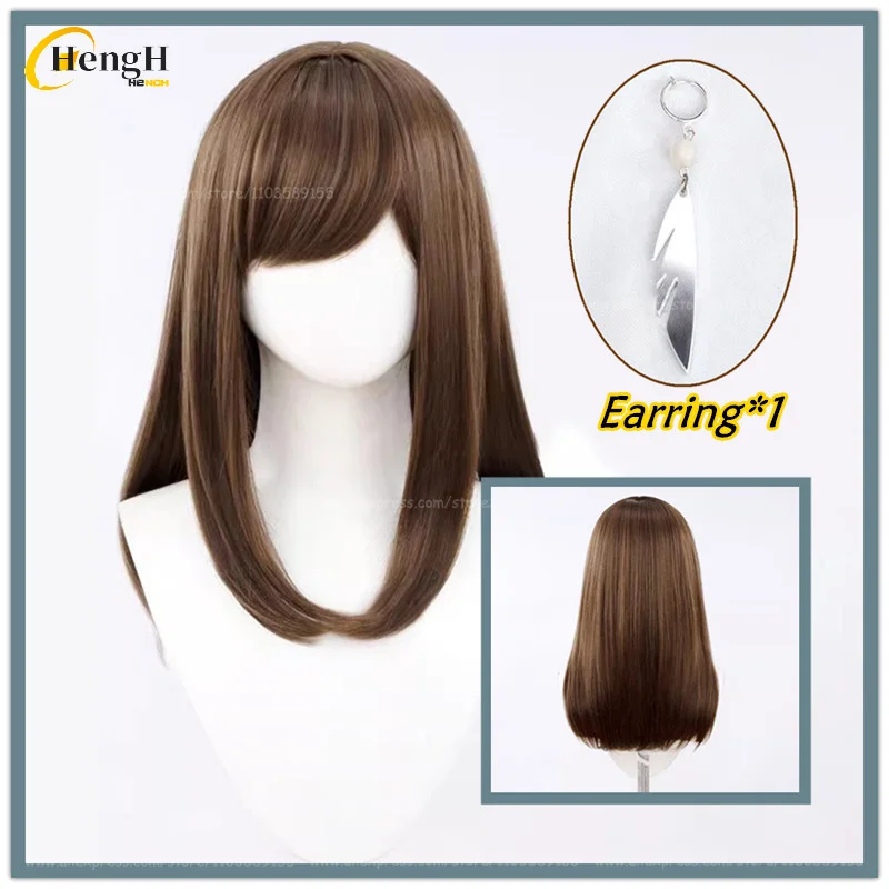 

Anime Sumita Mana Synthetic Hair Unisex 48cm Brown Cosplay Wig With Earring Heat Resistant Hair Halloween Party Wigs + A Wig Cap