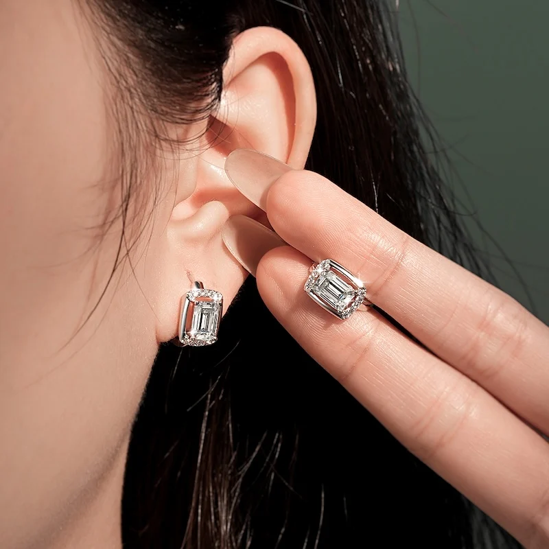 Rrjzz Huggie-Ohrringe mit Smaragdschliff, 5 x 7 mm, D-Farbe, Moissanit, für Damen, Laborimitation, Diamant-Creolen, Geburtstagsschmuck, Geschenke – Detail 14