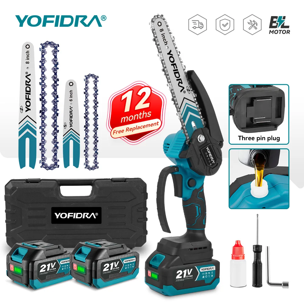 YOFIDRA 8&6 Zoll Bürstenlose Elektrische Akku-Astsäge Kabellose Wiederaufladbare Holzbearbeitungssäge Elektrowerkzeug für Makita Akku