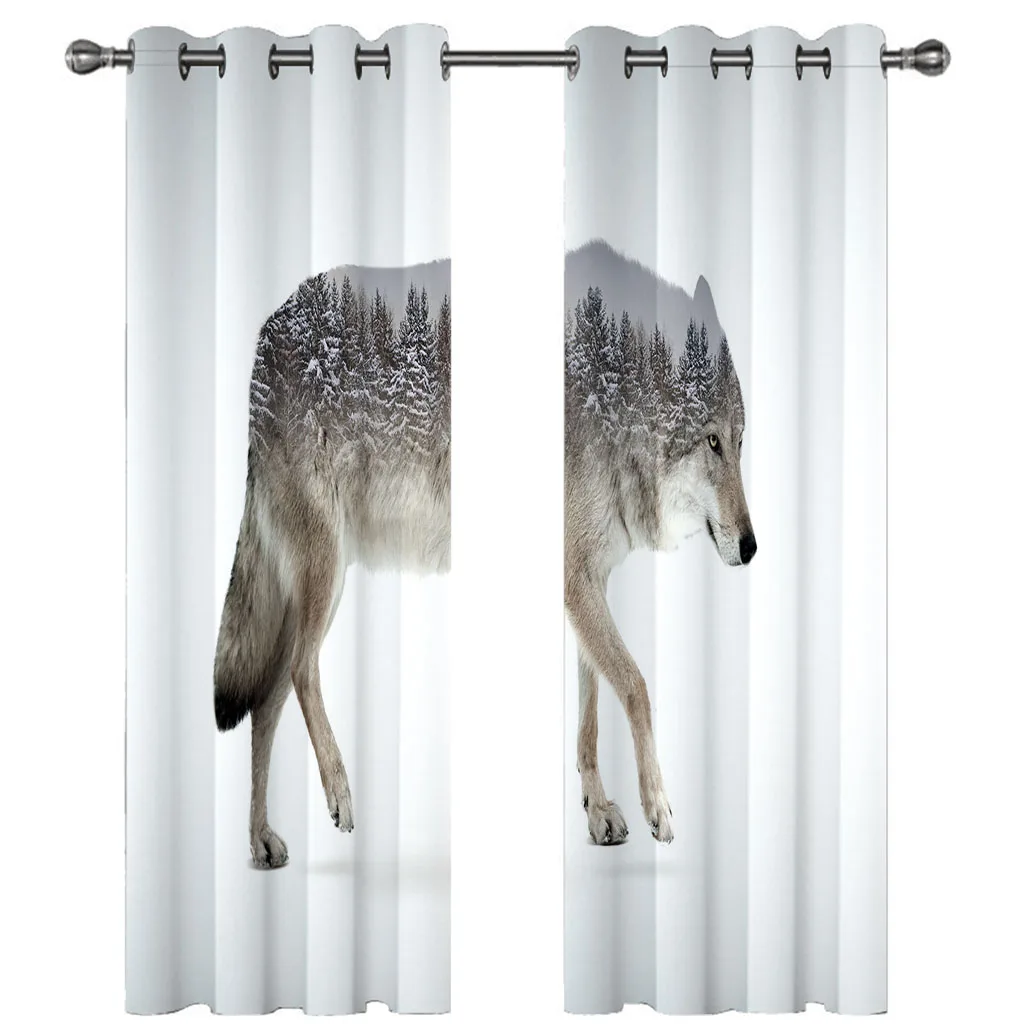 HUANZHUANG Short Curtains Animal Forest Wolf Drapes Shading Bedroom Winodw Curtains Set For Living Room 2 Pieces Free Shiping