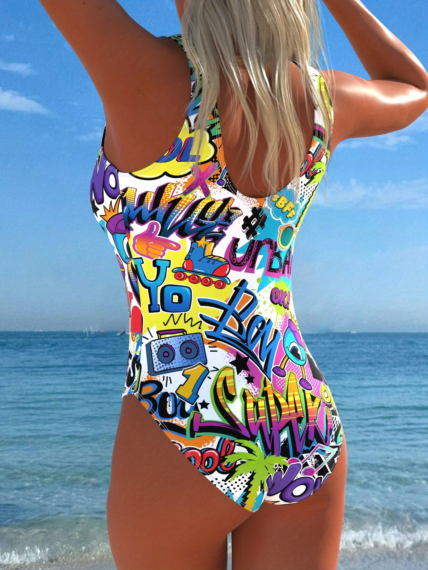 Women's One-Piece Swimsuit with Vibrant Random Print Design for Beach & Pool - Elegant & Comfortable Fit, High Waisted Swimsuit