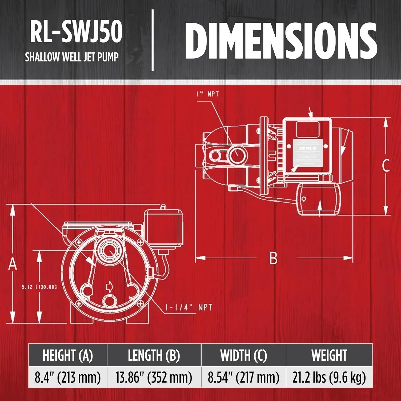 RL-SWJ50 1/2 HP, 12.6 GPM Dual Voltage (115/230 Volts) Cast Iron Shallow Well Jet Pump, Red, 97080502