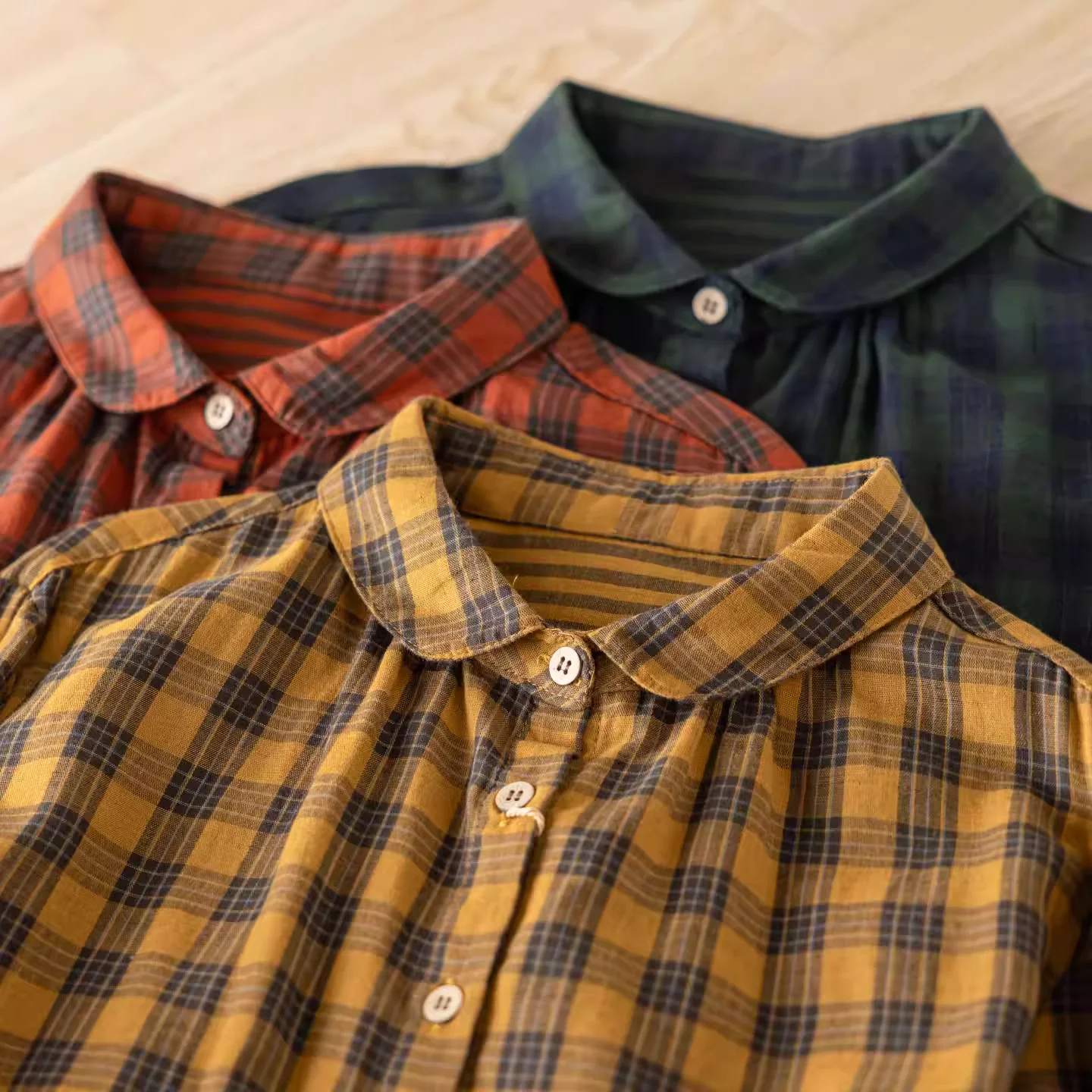 Camisas a cuadros de algodón puro para mujer, estilo japonés, casual, en verde, amarillo y naranja, para mujeres de mediana edad, 2025