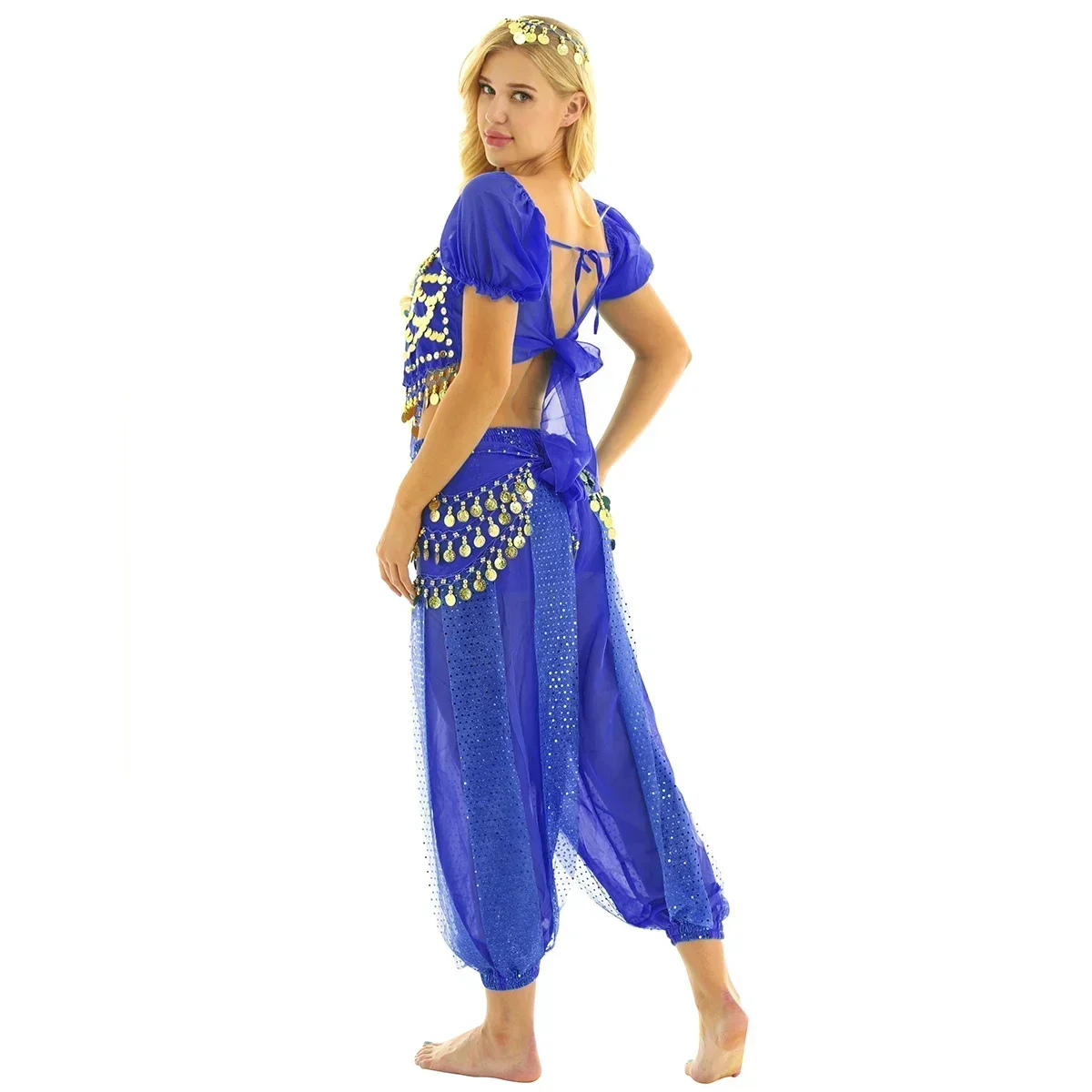 

Women Belly Dance Halloween Carnival India Dance Costume Set Shiny Coin Tassel Tops + Harem Pants + Hip Scarf + Head Scarf