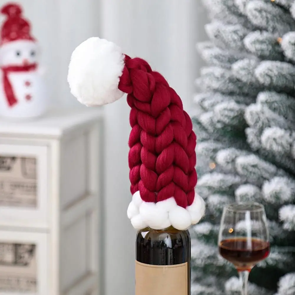 Christmas Wine Bottle Hat Mini Knit Santa Hat Wine Bottle Cover Xmas Tree Topper Decoration Holiday Party Favors