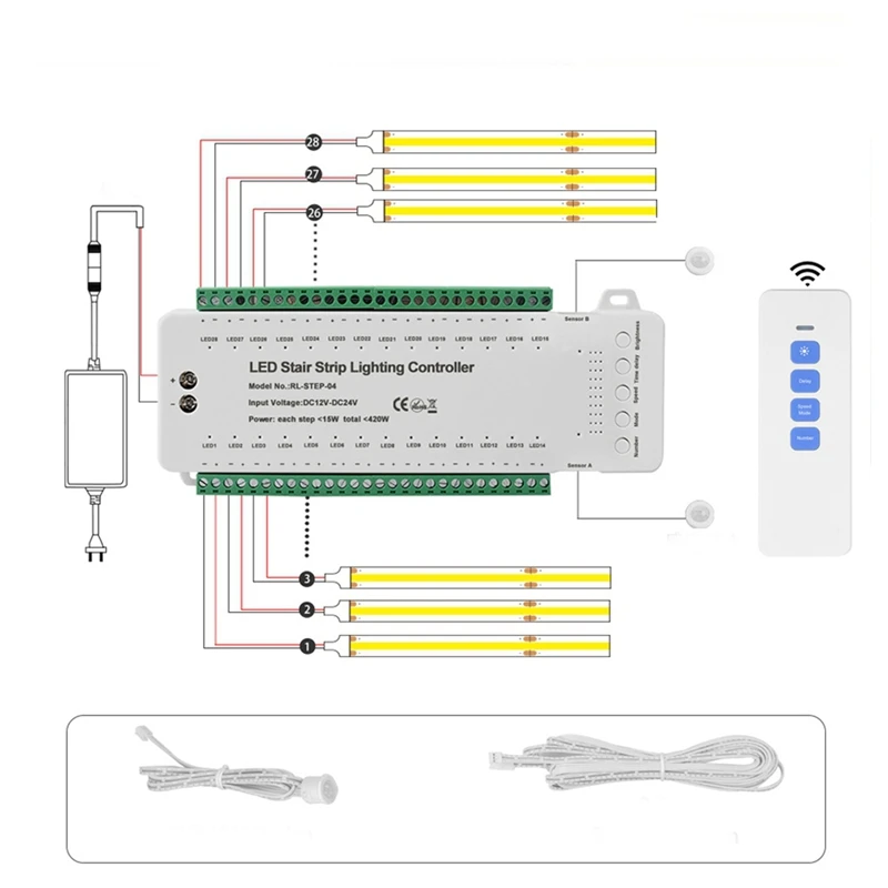 28 Steps Stair Lighting Controller With PIR Motion Sensor 28 Channels Stair Strip Dimmer DC12V 24V For Home Staircase