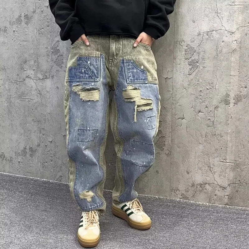 

Trashy Y2K 2000S Green Blue Patchwork Ripped Tapered Jeans Pants For Men 90S Vintage Clothes Denim Trousers Pantalones Hombre