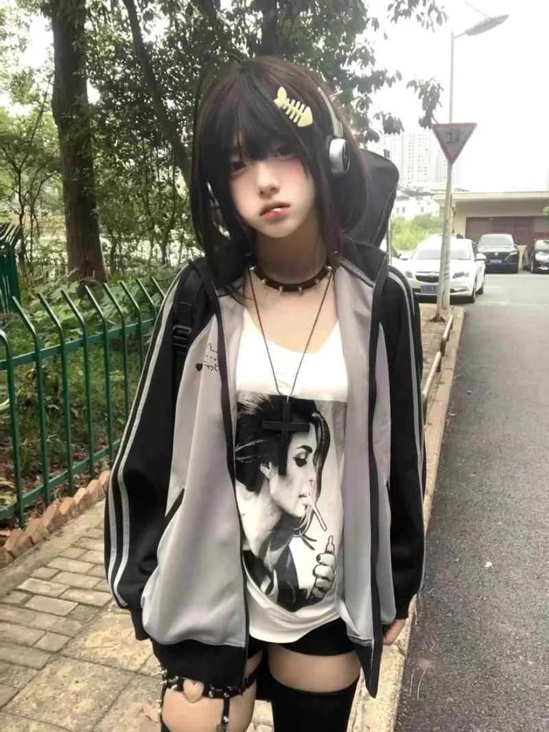 Subculture Y2k Millennial Japanese Two-dimensional Kaomoji Print Contrasting Color Stand-up Collar Loose Coat Sweater For Women