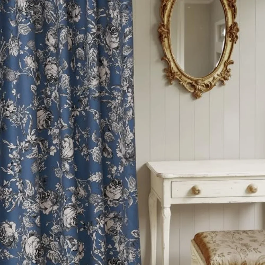 

Vintage Floral Velvet Curtains for Living Room, Slate Blue Printed Bedroom Drapes with Rose Pattern Victorian Energy Efficient