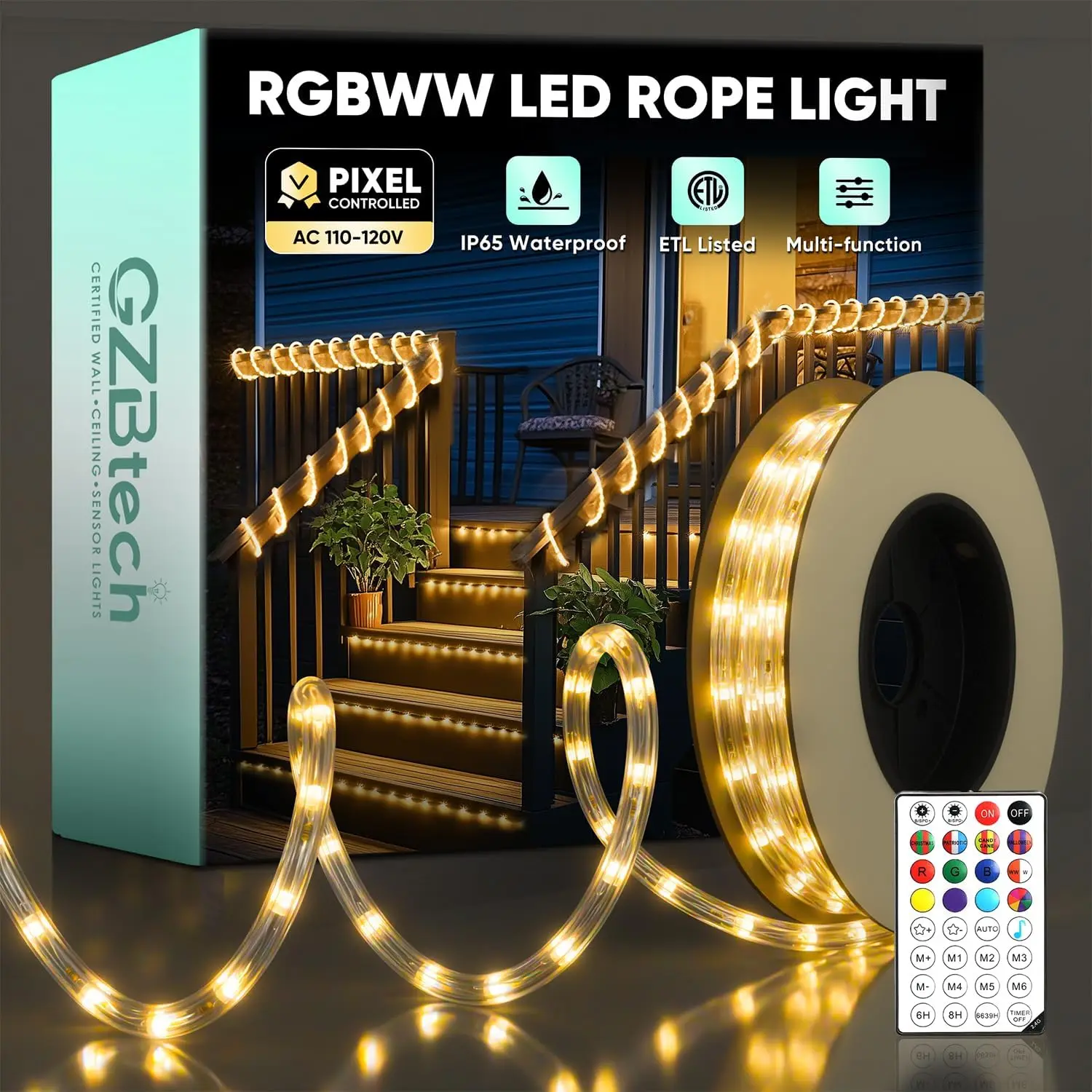 Gzbtech Rgbww Pixel-Controlled Rope Light 33Ft/10M, Ip65 Waterproof Dimmable Festival Lights For Christmas/Halloween/4Th Of